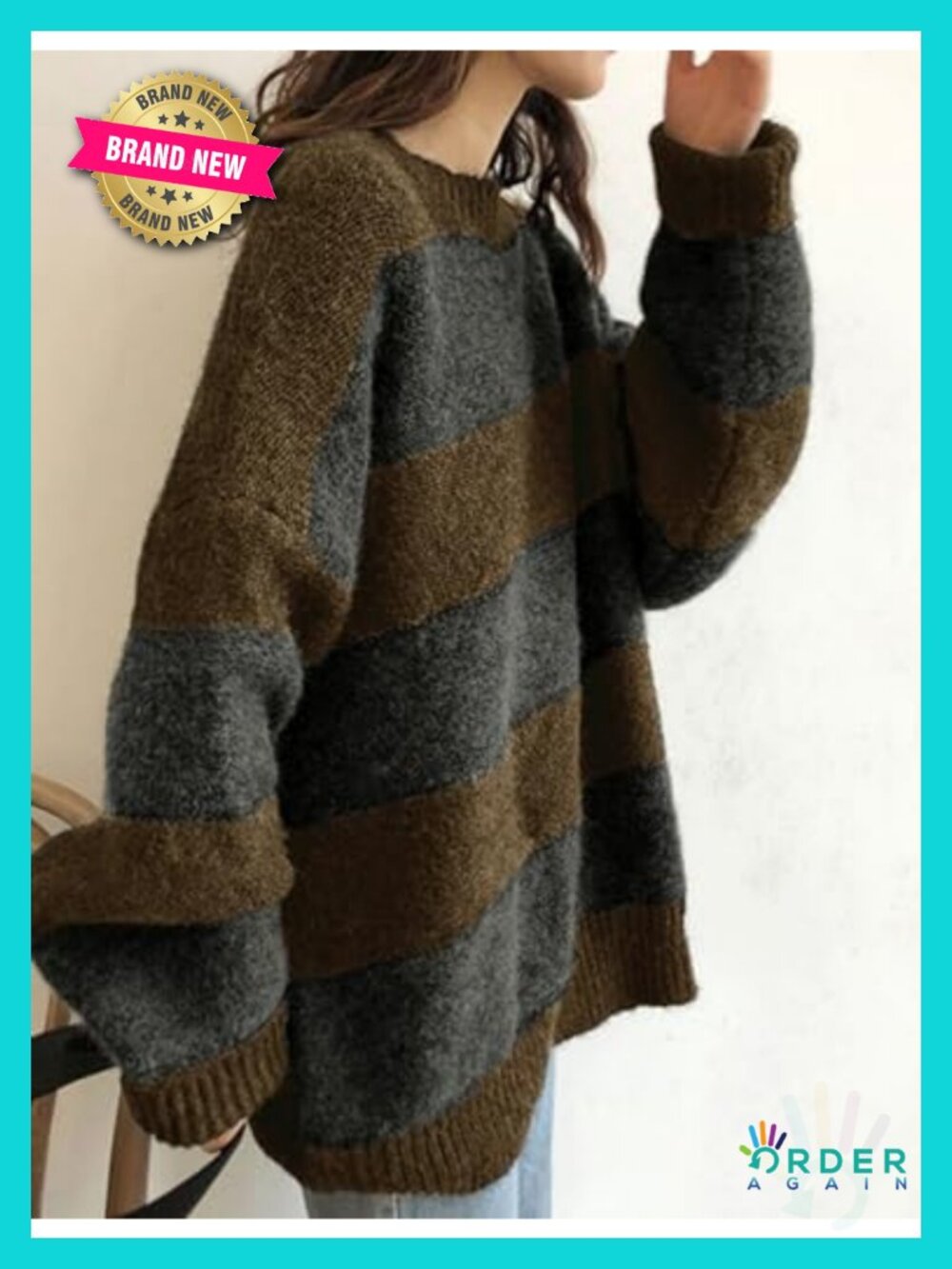 Oversized Striped Crewneck Knit Pullover Sweater Long Sleeve - Picture 2 of 6